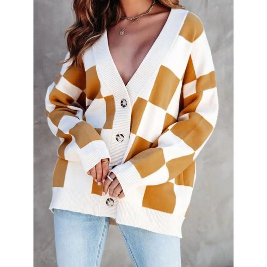 Checkerboard Chic Button-up Cardigan! - Cardigans