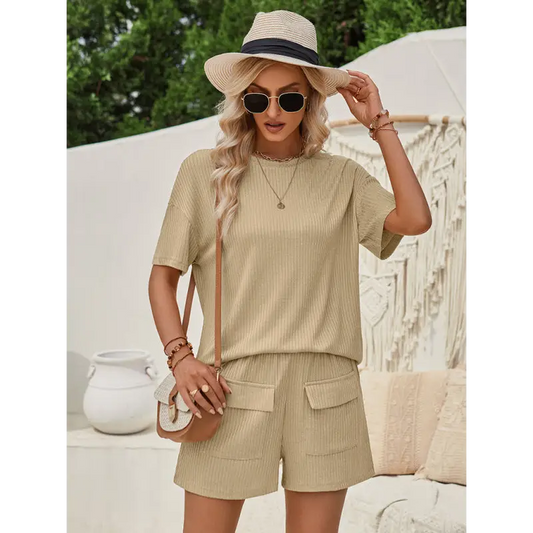 Solid Color Short Sleeve Set: Summer Must-have! - Shorts