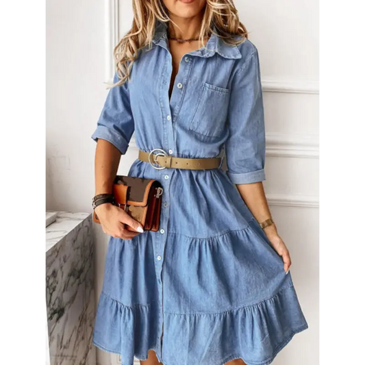Denim Lapel Button Midi: Ultimate Style! - Dress & Skirts
