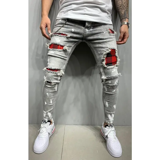 Mid-waist Slim Jeans: Trendy Distressed Denim - Jeans