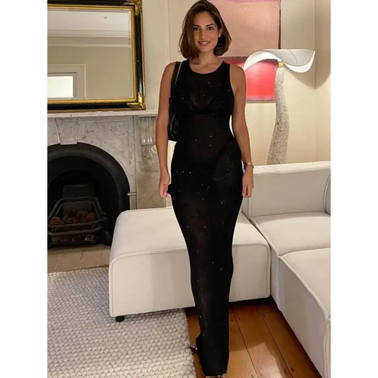 Sexy U-neck Vest Dress - Woman In Black Dress Standing In Living Room