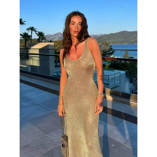 Woman In Gold Dress On Balcony - Sexy U-neck Slim Fit Shiny Vest Dress