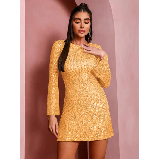Yellow Sequin Bell Sleeve Dress For Women - Sizing Guide Inside!