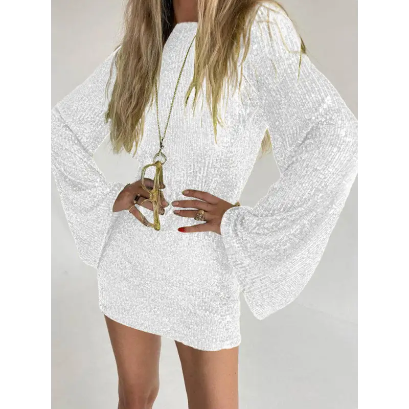 Woman In White Bell Sleeve Sparkle Dress - Sequin Bell Sleeve Sparkle Dress - Sizing Guide Inside