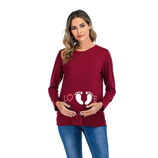 Small Feet Print Round Neck Maternity Top - Stylish Must-have! - Tops
