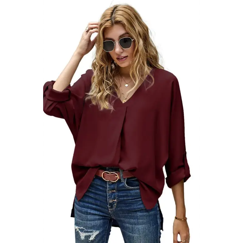 Breathable Comfort: Sleeve High Low Hem Shirt - Perfect For Every Occasion! - Shirts & Blouses