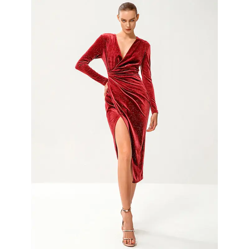 Sparkle In Our Sequin Velvet High Slit Dress! - Party Dresses