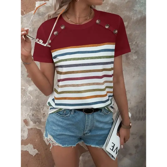 Fashion Forward Stripe Button Top: Summer Must-have! - T-shirts