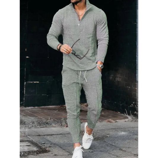 Stay Fashionable In The Men’s Textured Half Zip Stand Collar Suit! - Pants Sets