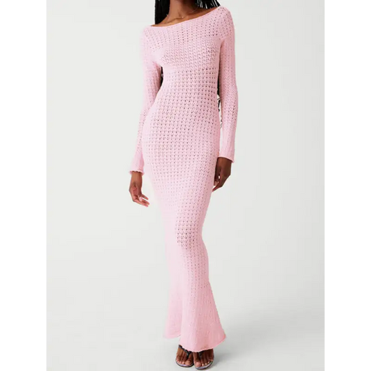 Pink Knit Dress With Sexy Hollow Backless Mesh - Sultry Mesh Backless Dress - Pure Lust Style