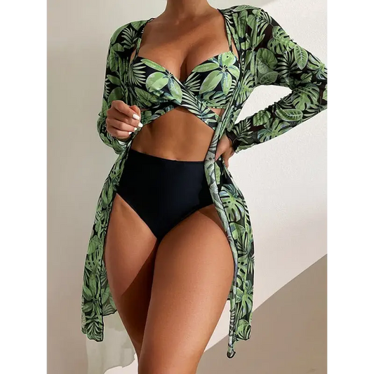 Tropical Print Bikini Set - Summer Style! - 3 Pieces Bikinis
