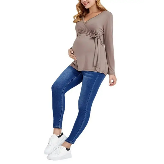 Chic American Solid Color Nursing Top: Long V-neck Style - Maternity Tops