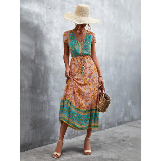 Boho V-neck Woven Maxi Dress - Vacation Dresses